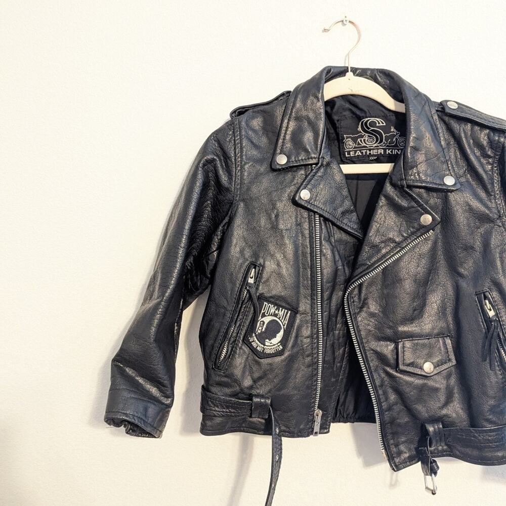 Leather King Black Cropped Patched Leather Moto Biker Jacket Size XXXL - Picture 3 of 8